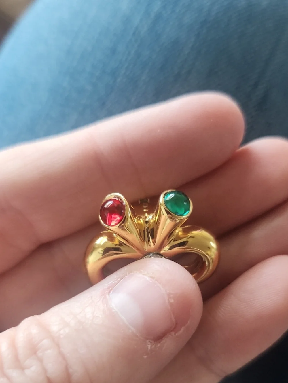 Vintage Joan Rivers Gold Bow Brooch and Earrings Set with Red‎ & Green Stones